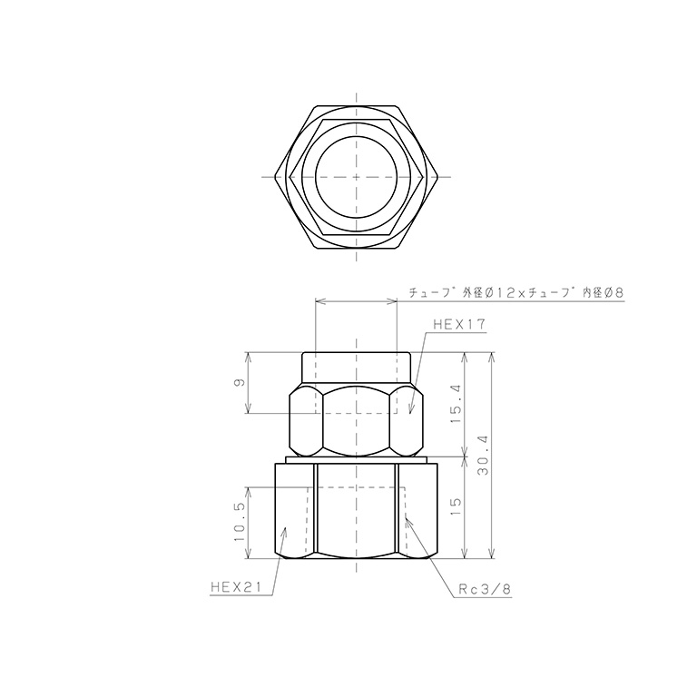 Bản vẽ kỹ thuật Đầu Ngạnh Nối Ống Có Đai Ốc Xiết Dạng Thẳng Thân Lục Giác Ren Trong Pisco NKCF1280-03
