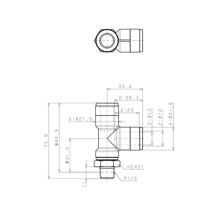 Bản vẽ kỹ thuật Đầu Nối Nhanh Khí Nén Dạng Chữ T Ren Ngoài Pisco KD12-02-F