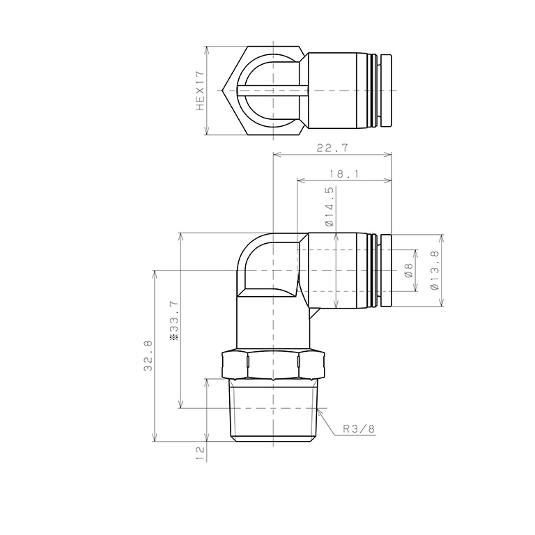 Bản vẽ kỹ thuật Đầu Nối Nhanh Khí Nén Dạng Cong 90° Ren Ngoài Pisco PL8-03SUS