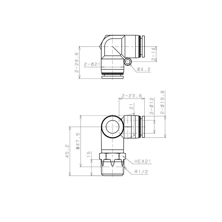 Bản vẽ kỹ thuật Đầu Nối Nhanh Khí Nén Hai Nhánh Chạc Ba Cong 90° Ren Ngoài Pisco PVX12-04SUS