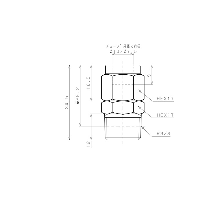 Bản vẽ kỹ thuật Đầu Ngạnh Nối Ống Có Đai Ốc Xiết Dạng Thẳng Thân Lục Giác Ren Ngoài Pisco NSC1075-03-TP