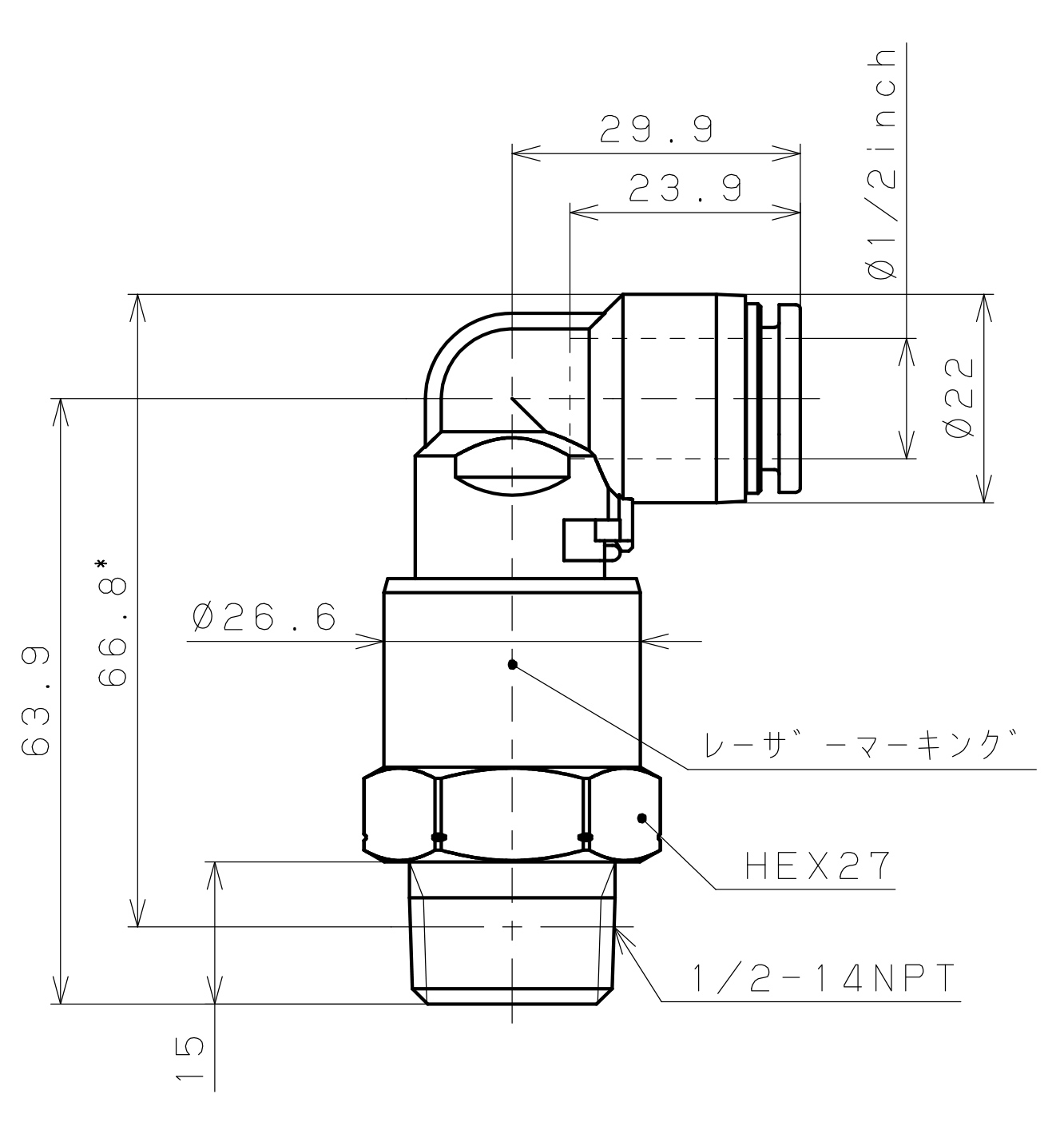Bản vẽ kỹ thuật Đầu Nối Nhanh Khí Nén Dạng Cong 90° Ren Ngoài Có Khớp Xoay Pisco RAL1/2-N4SUS-TP