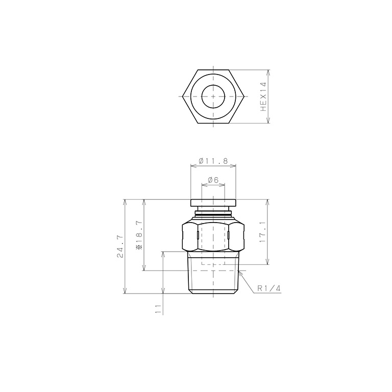 Bản vẽ kỹ thuật Đầu Nối Nhanh Khí Nén Dạng Thẳng Thân Lục Giác Ren Ngoài Pisco PC6-02SUS