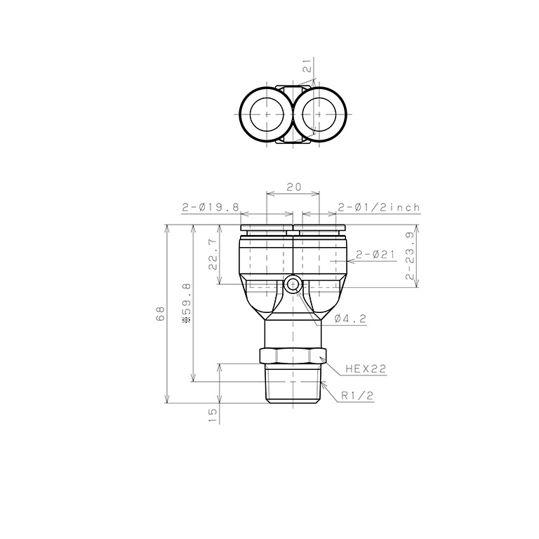 Bản vẽ kỹ thuật Đầu Nối Nhanh Khí Nén Dạng Chữ Y Ren Ngoài Pisco PPX1/2-04