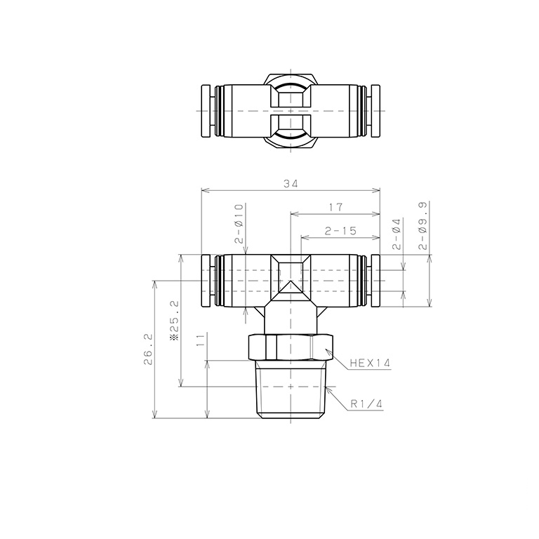 Bản vẽ kỹ thuật Đầu Nối Nhanh Khí Nén Dạng Chữ T Ren Ngoài Pisco PPB4-02-C