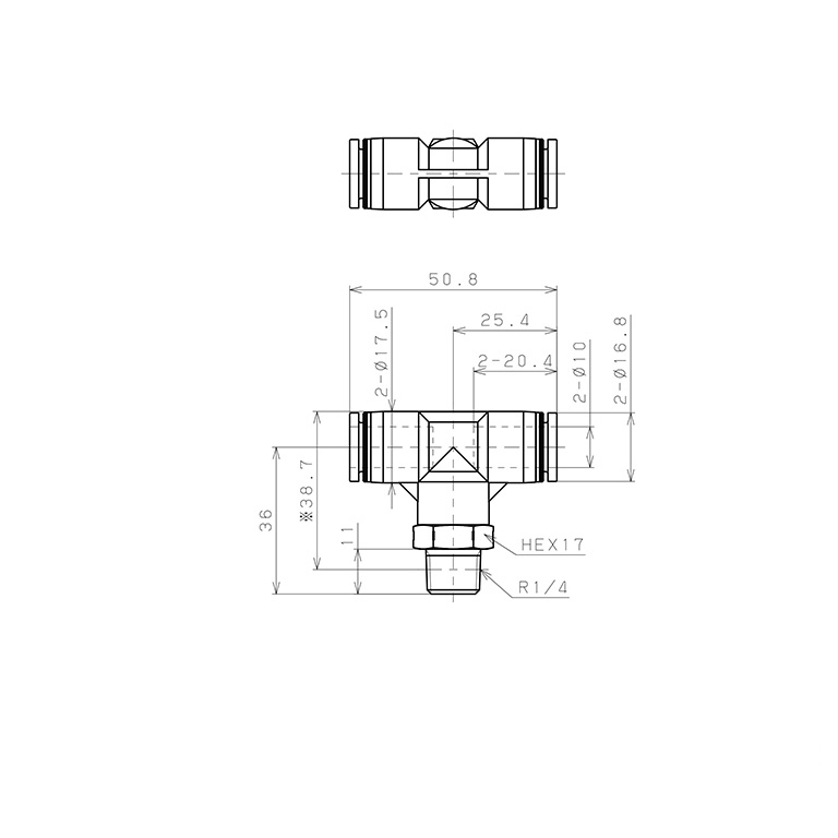 Bản vẽ kỹ thuật Đầu Nối Nhanh Khí Nén Dạng Chữ T Ren Ngoài Pisco PPB10-02SUS-F