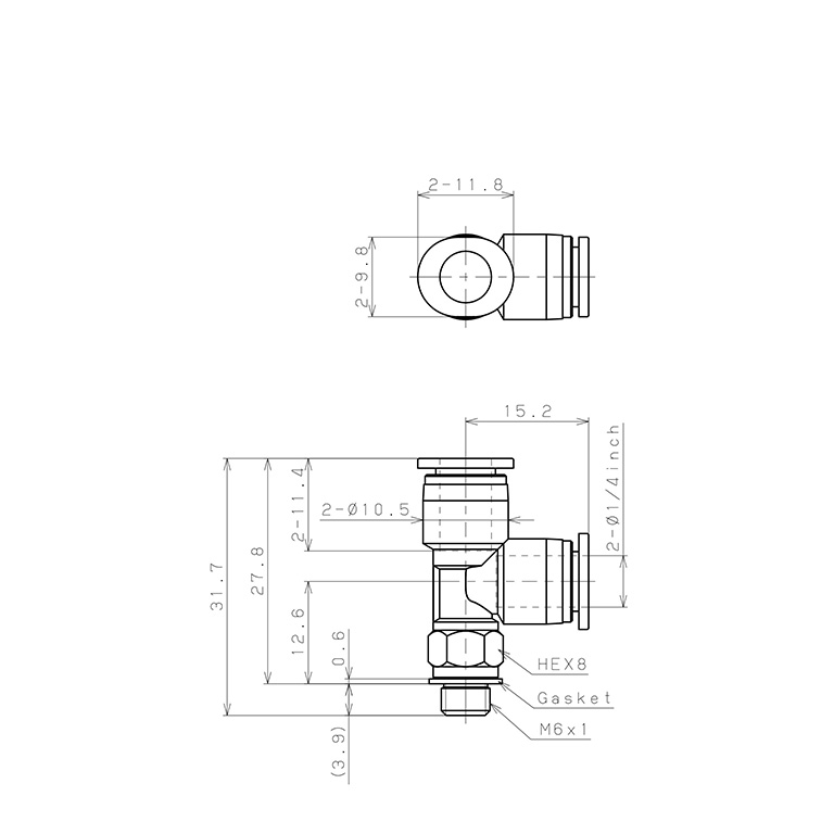Bản vẽ kỹ thuật Đầu Nối Nhanh Khí Nén Dạng Chữ T Ren Ngoài Pisco PD1/4-M6M