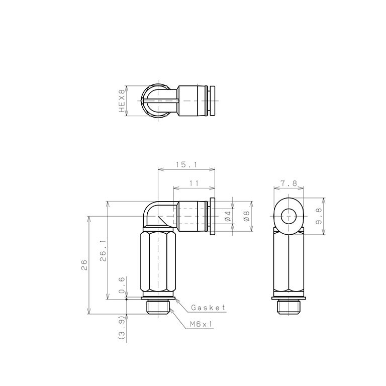 Bản vẽ kỹ thuật Đầu Nối Nhanh Khí Nén Dạng Cong 90° Ren Ngoài (Dài) Pisco PLL4-M6MW