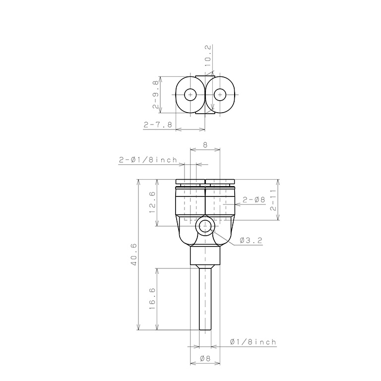 Bản vẽ kỹ thuật Đầu Nối Nhanh Khí Nén Giữa Ống Khí Và Fitting Dạng Chữ Y Pisco PYJ1/8M