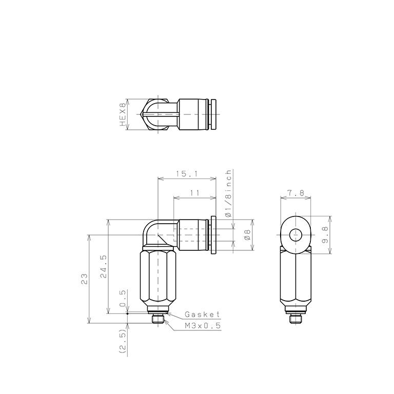 Bản vẽ kỹ thuật Đầu Nối Nhanh Khí Nén Dạng Cong 90° Ren Ngoài (Dài) Pisco PLL1/8-M3M