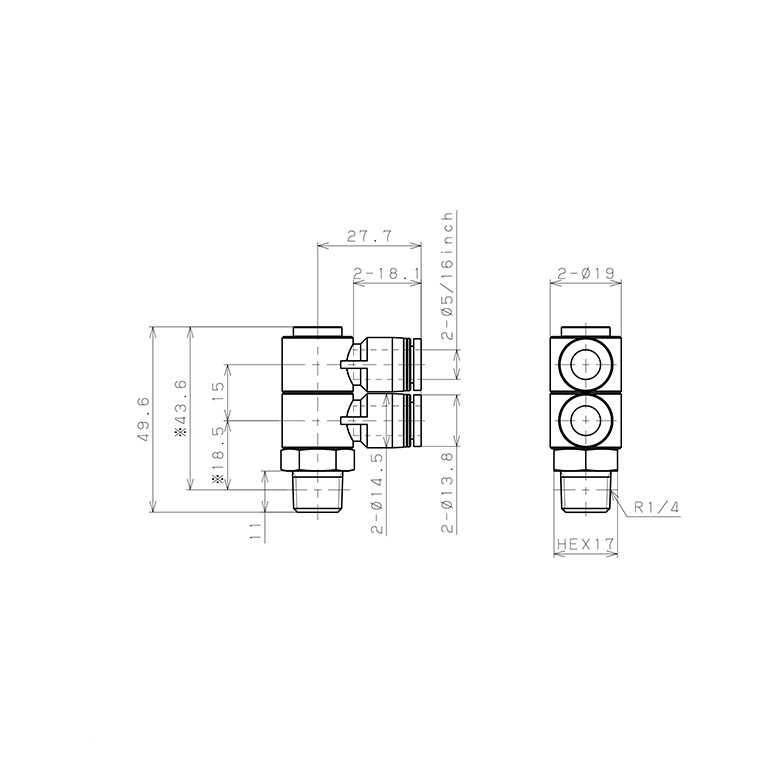 Bản vẽ kỹ thuật Đầu Nối Nhanh Khí Nén Hai Nhánh Cong 90° Thân Lục Giác Trụ Ren Ngoài Pisco PHW5/16-02