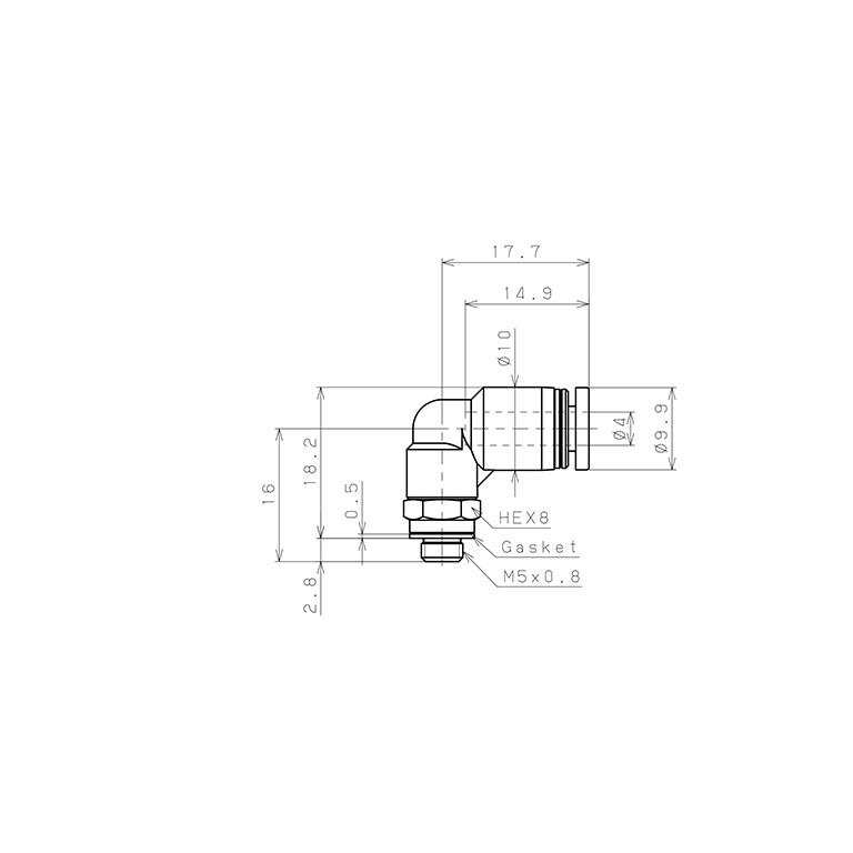 Bản vẽ kỹ thuật Đầu Nối Nhanh Khí Nén Dạng Cong 90° Ren Ngoài Pisco PL4-M5W