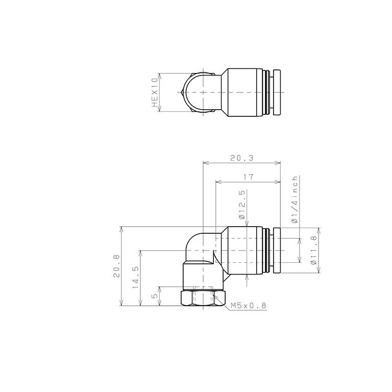 Bản vẽ kỹ thuật Đầu Nối Nhanh Khí Nén Dạng Cong 90° Ren Trong Pisco PLF1/4-M5