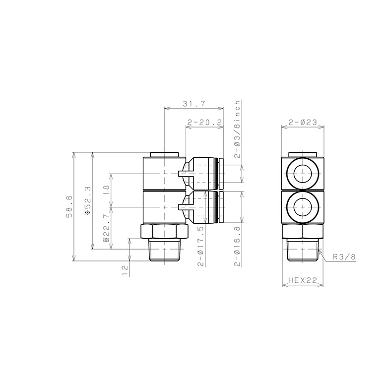 Bản vẽ kỹ thuật Đầu Nối Nhanh Khí Nén Hai Nhánh Cong 90° Thân Lục Giác Trụ Ren Ngoài Pisco PHW3/8-03