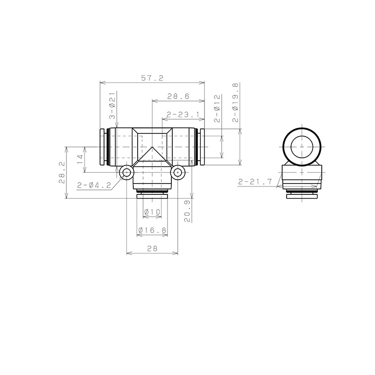 Bản vẽ kỹ thuật Đầu Nối Nhanh Khí Nén Chữ T Dạng Nối Giảm Pisco PPEG12-10-C