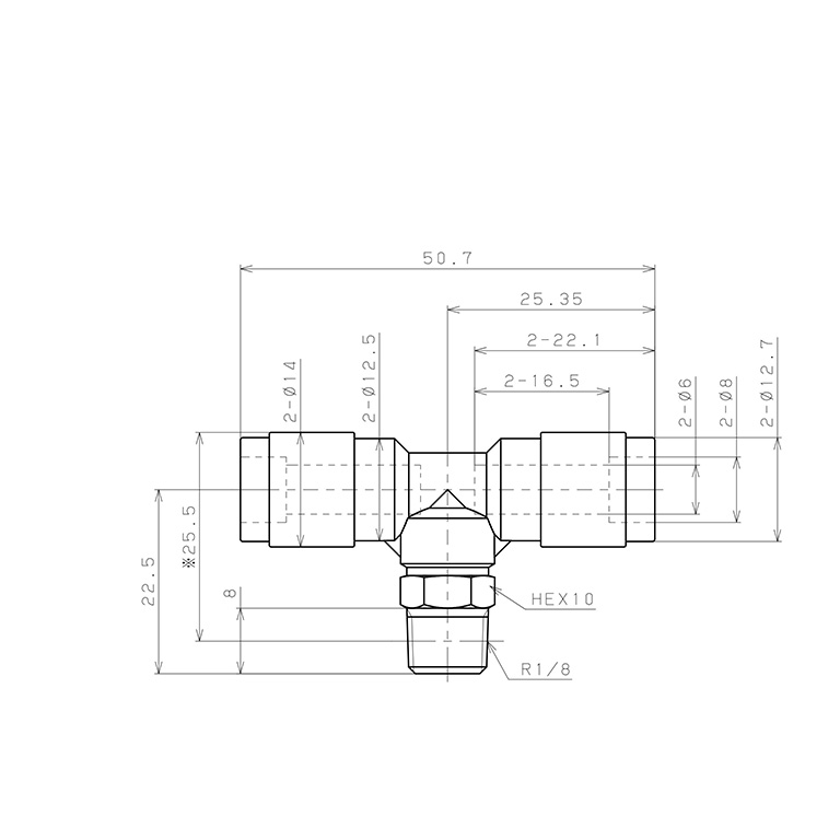 Bản vẽ kỹ thuật Đầu Nối Nhanh Khí Nén Dạng Chữ T Ren Ngoài Pisco PB6-01V-0