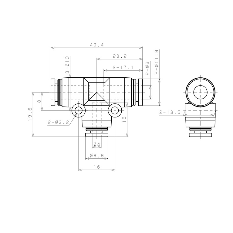 Bản vẽ kỹ thuật Đầu Nối Nhanh Khí Nén Chữ T Dạng Nối Giảm Pisco PPEG6-4-UC