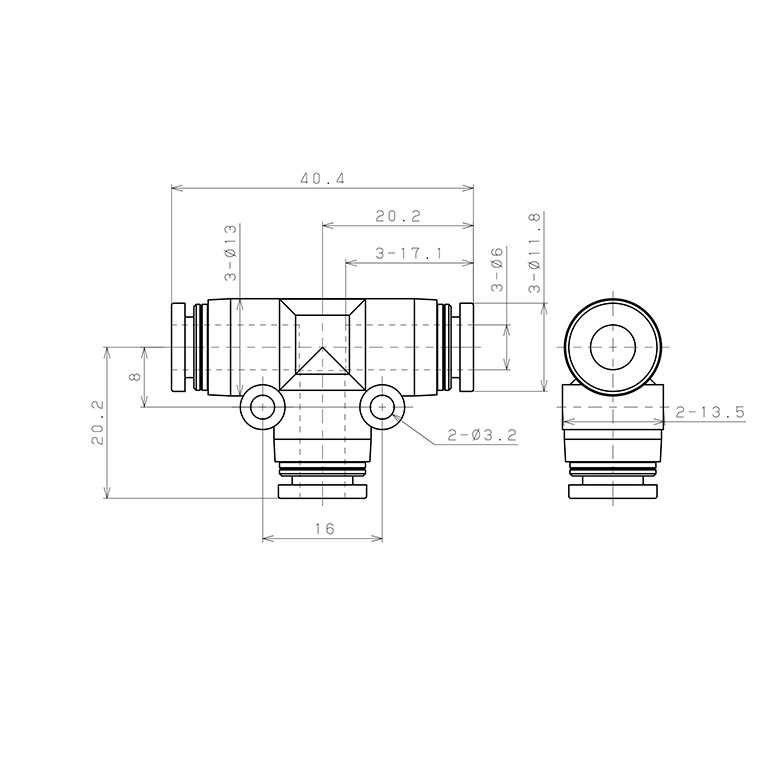 Bản vẽ kỹ thuật Đầu Nối Nhanh Khí Nén Chữ T Pisco PPE6
