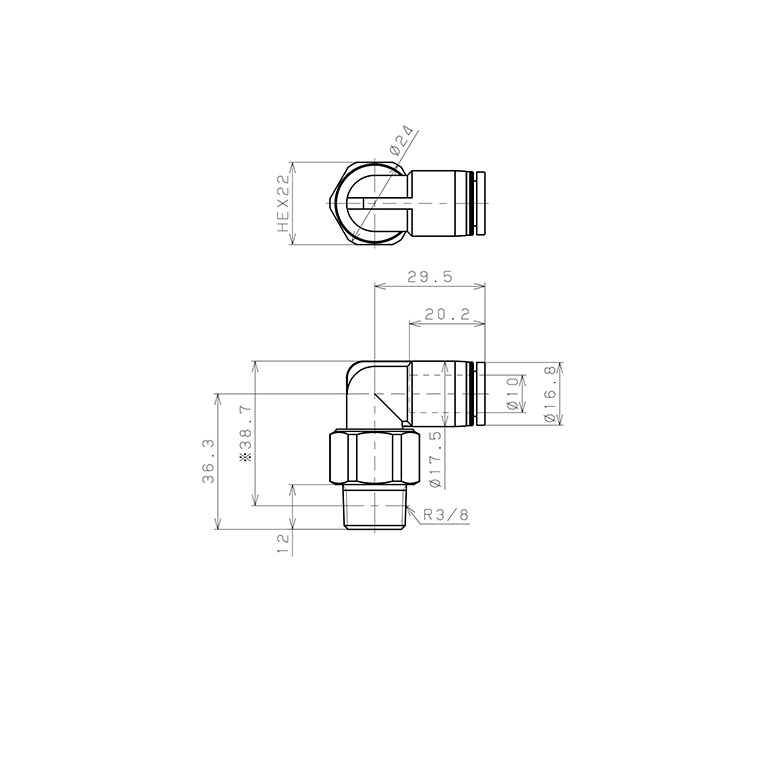 Bản vẽ kỹ thuật Đầu Nối Nhanh Khí Nén Dạng Cong 90° Ren Ngoài Có Khớp Xoay Pisco RL10-03