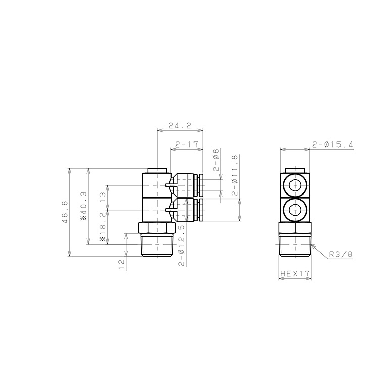 Bản vẽ kỹ thuật Đầu Nối Nhanh Khí Nén Hai Nhánh Cong 90° Thân Lục Giác Trụ Ren Ngoài Pisco SPHW6-03
