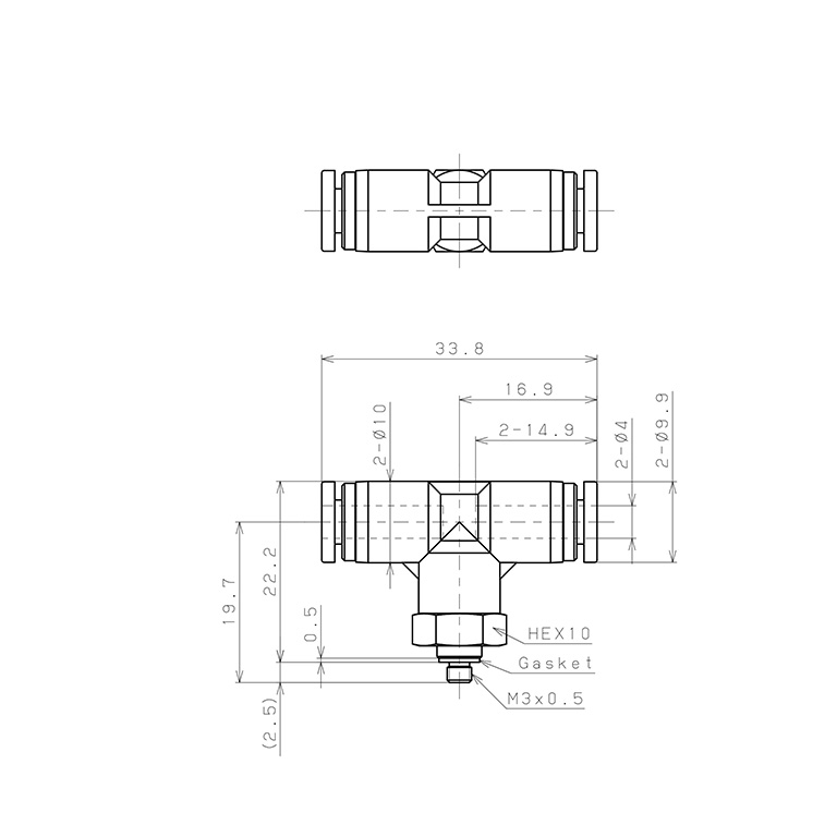 Bản vẽ kỹ thuật Đầu Nối Nhanh Khí Nén Dạng Chữ T Ren Ngoài Pisco SPPB4-M3SP