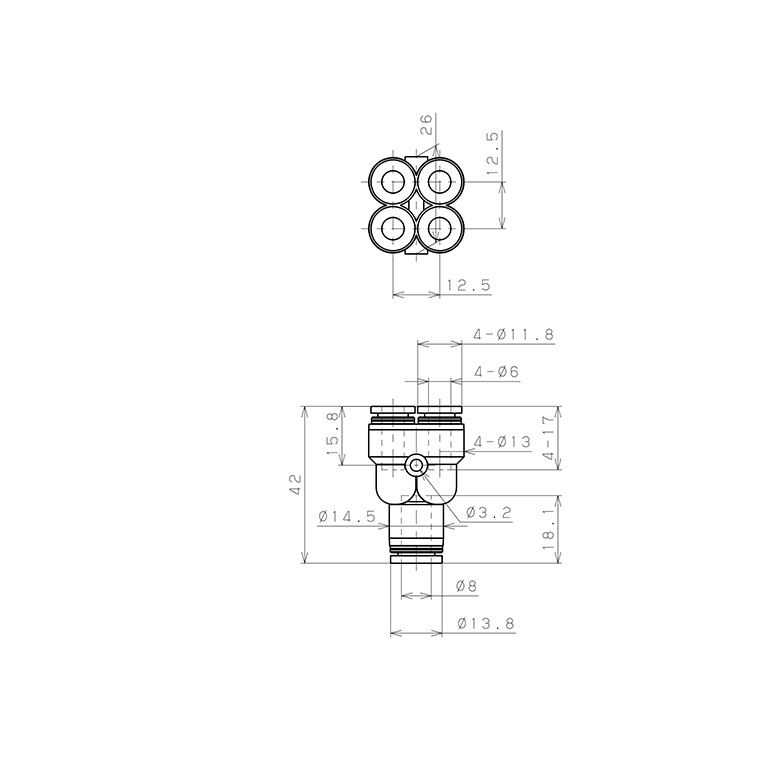 Bản vẽ kỹ thuật Đầu Nối Nhanh Khí Nén Chữ Y 5 Ngã Dạng Nối Giảm Pisco PRG8-6-C