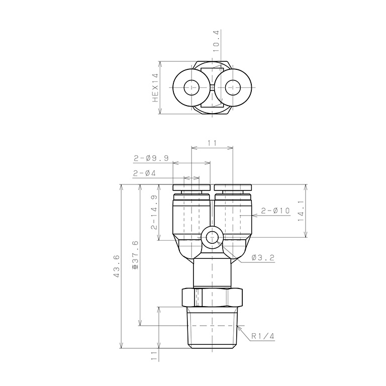 Bản vẽ kỹ thuật Đầu Nối Nhanh Khí Nén Dạng Chữ Y Ren Ngoài Pisco SPPX4-02