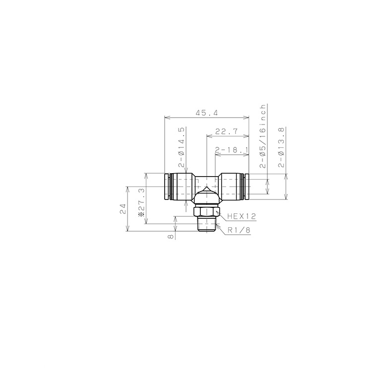 Bản vẽ kỹ thuật Đầu Nối Nhanh Khí Nén Dạng Chữ T Ren Ngoài Pisco PB5/16-01-C