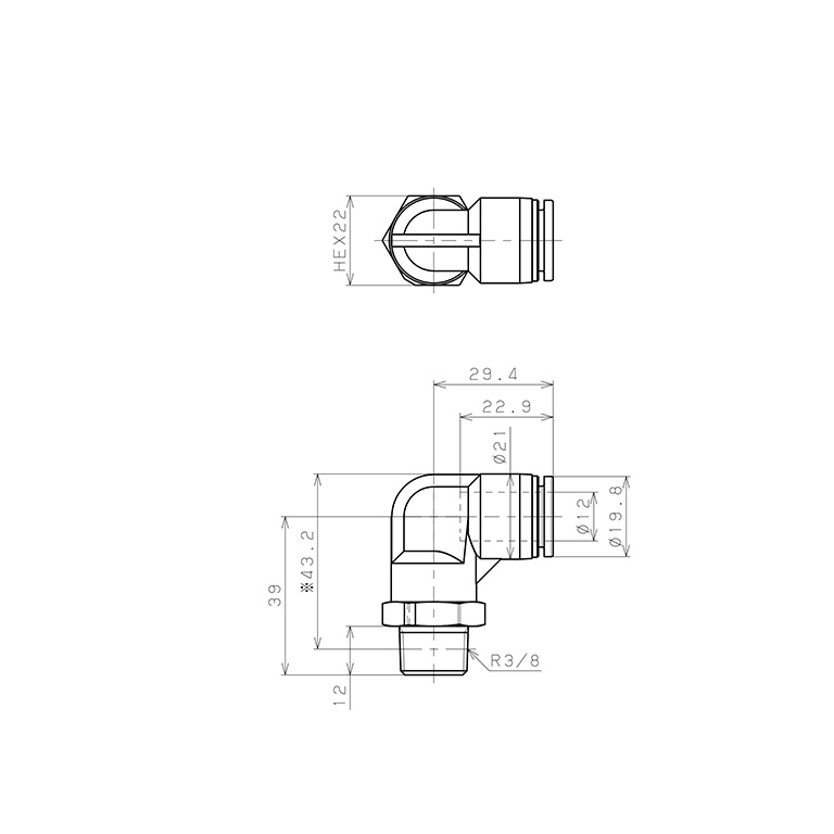 Bản vẽ kỹ thuật Đầu Nối Nhanh Khí Nén Dạng Cong 90° Ren Ngoài Pisco SPPL12-03