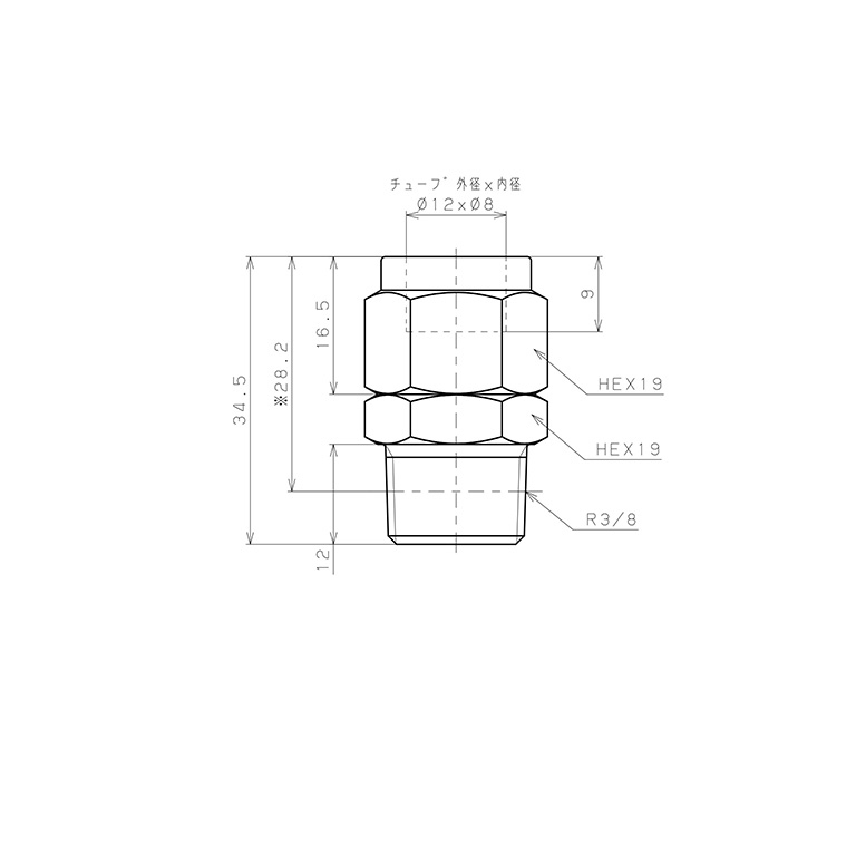 Bản vẽ kỹ thuật Đầu Ngạnh Nối Ống Có Đai Ốc Xiết Dạng Thẳng Thân Lục Giác Ren Ngoài Pisco NSC1280-03