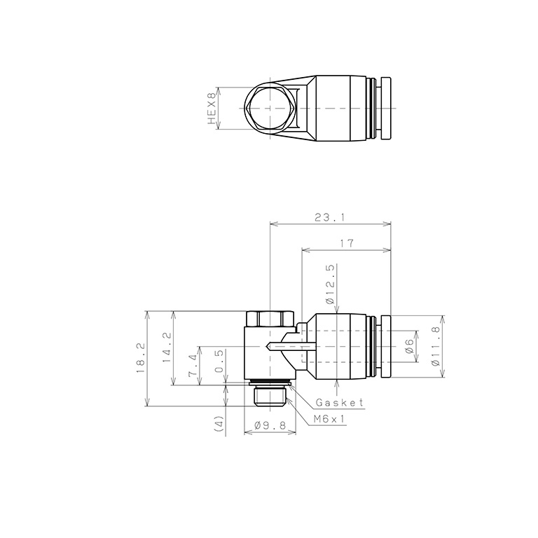 Bản vẽ kỹ thuật Đầu Nối Nhanh Khí Nén Cong 90° Đầu Lục Giác Trụ Ren Ngoài Pisco PH6-M6-C
