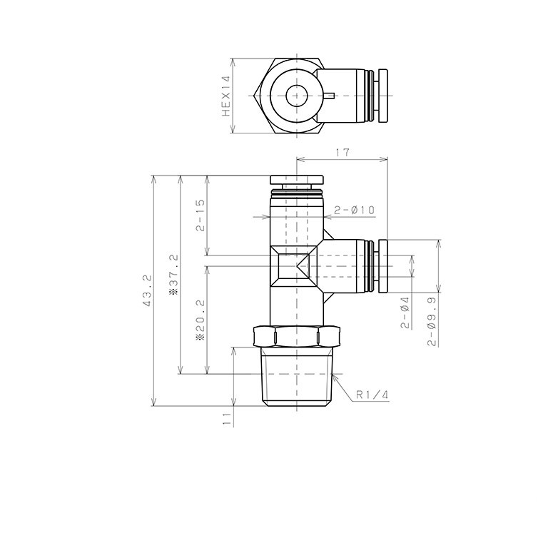 Bản vẽ kỹ thuật Đầu Nối Nhanh Khí Nén Dạng Chữ T Ren Ngoài Pisco PPD4-02SUS-S-C
