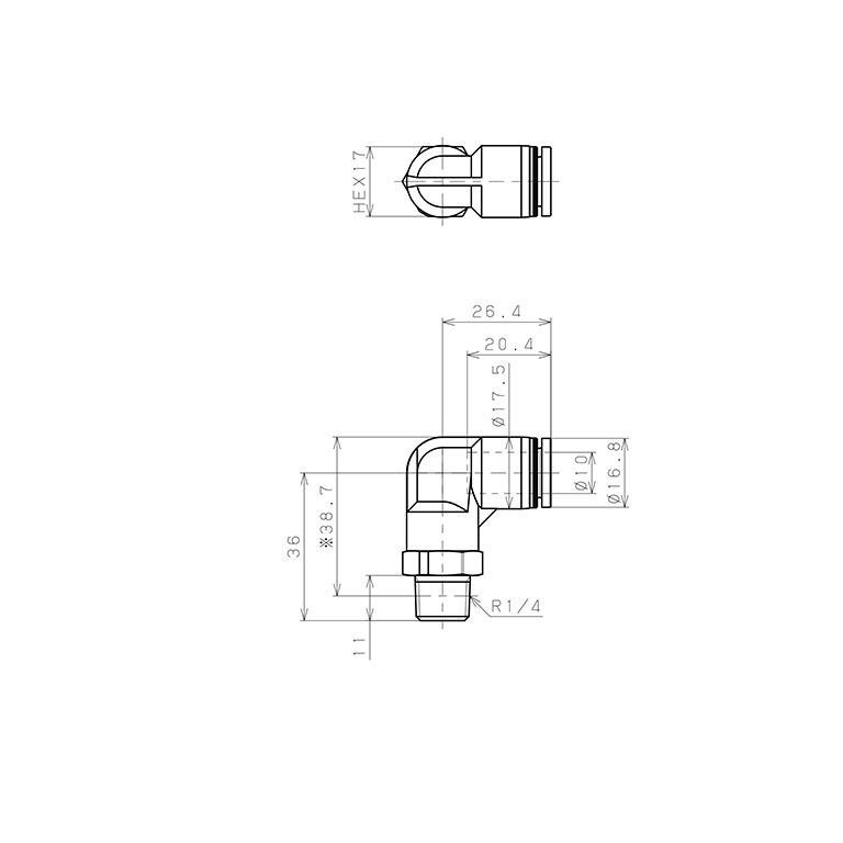 Bản vẽ kỹ thuật Đầu Nối Nhanh Khí Nén Dạng Cong 90° Ren Ngoài Pisco PPL10-02-C