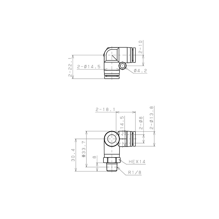 Bản vẽ kỹ thuật Đầu Nối Nhanh Khí Nén Hai Nhánh Chạc Ba Cong 90° Ren Ngoài Pisco SPVX8-01
