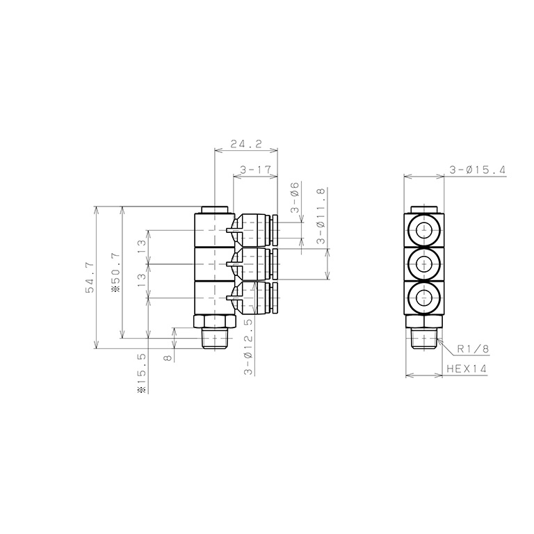 Bản vẽ kỹ thuật Đầu Nối Nhanh Khí Nén Ba Nhánh Cong 90° Thân Lục Giác Trụ Ren Ngoài Pisco SPHT6-01