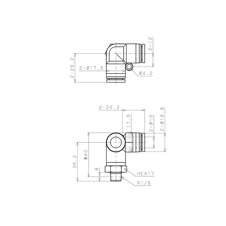 Bản vẽ kỹ thuật Đầu Nối Nhanh Khí Nén Hai Nhánh Chạc Ba Cong 90° Ren Ngoài Pisco SPVX10-01