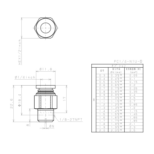Bản vẽ kỹ thuật Đầu Nối Nhanh Khí Nén Lỗ Trích Khí Nhỏ Pisco PC1/4-N1U-0.6