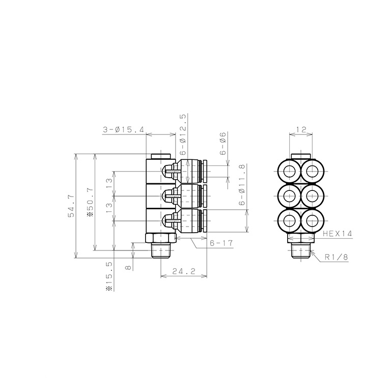 Bản vẽ kỹ thuật Đầu Nối Nhanh Khí Nén Sáu Nhánh Cong 90° Thân Lục Giác Trụ Ren Ngoài Pisco PAT6-01