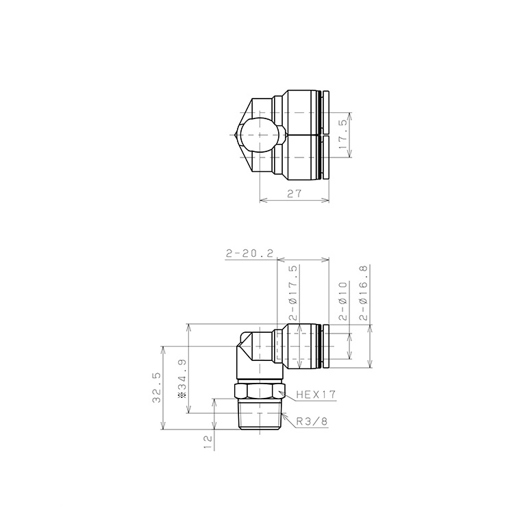 Bản vẽ kỹ thuật Đầu Nối Nhanh Khí Nén Hai Nhánh Cong 90° Ren Ngoài Pisco PAX10-03