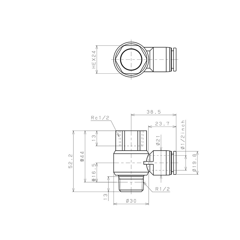 Bản vẽ kỹ thuật Đầu Nối Nhanh Khí Nén Cong 90° Đầu Lục Giác Trụ Ren Đực Cái Pisco PHF1/2-04