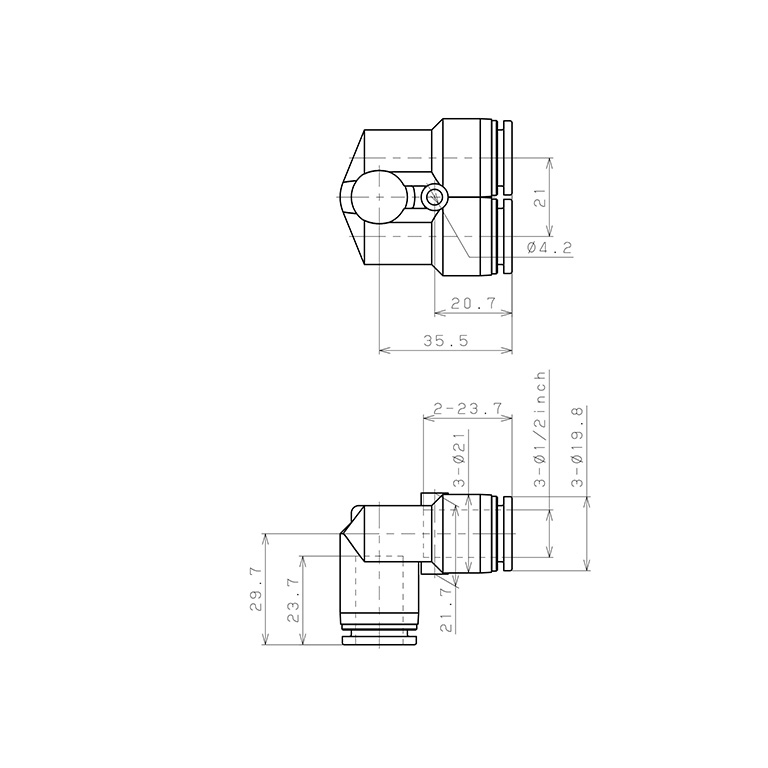 Bản vẽ kỹ thuật Đầu Nối Nhanh Khí Nén Ba Ngã Cong 90° Pisco PAU1/2-C