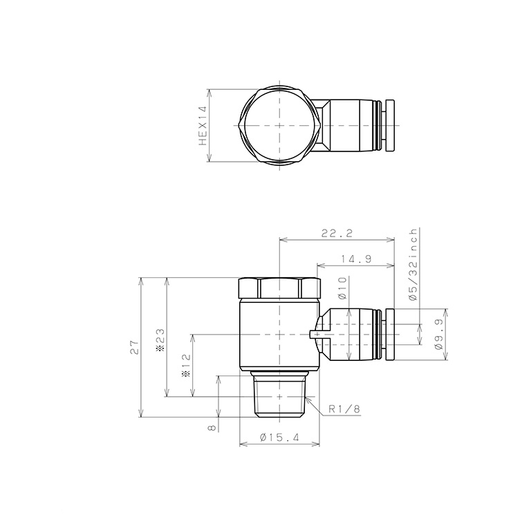 Bản vẽ kỹ thuật Đầu Nối Nhanh Khí Nén Cong 90° Đầu Lục Giác Trụ Ren Ngoài Pisco PH5/32-01