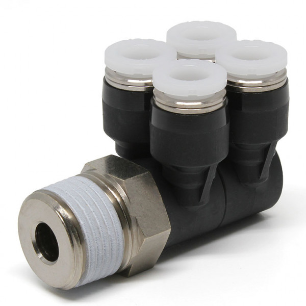 Đầu Nối Nhanh Khí Nén Bốn Nhánh Cong 90° Thân Lục Giác Trụ Ren Ngoài Pisco PAW1/4-03
