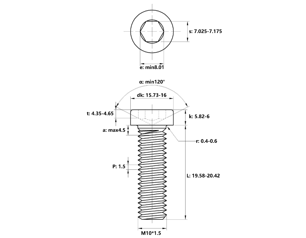 Bản vẽ kỹ thuật Lục Giác Trụ Đầu Thấp Inox 304 DIN7984 M10x20