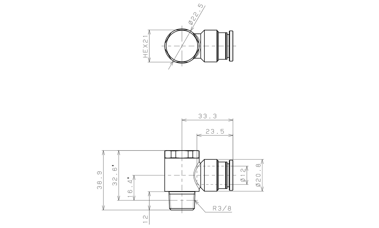 Bản vẽ kỹ thuật Đầu Nối Nhanh Khí Nén Cong 90° Đầu Lục Giác Trụ Ren Ngoài Pisco KH12-03-1