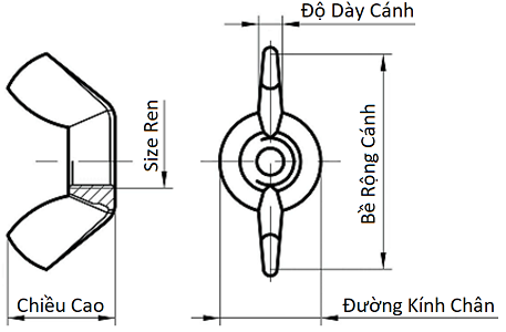 Bản vẽ kỹ thuật Tán Cánh Chuồn Inox 304 M8