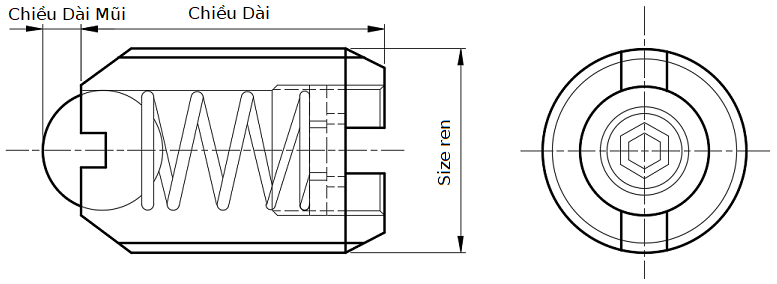 Bản vẽ kỹ thuật Vít Bi Nhún Inox 303 Đầu Inox 440C BPCF12