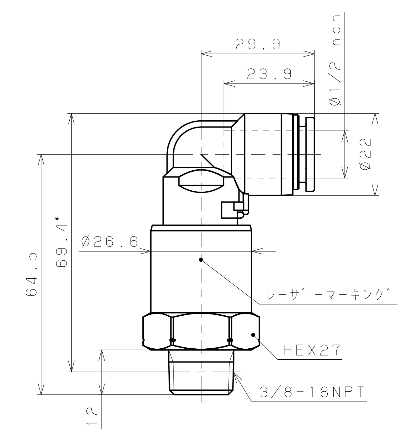 Bản vẽ kỹ thuật Đầu Nối Nhanh Khí Nén Dạng Thẳng Ren Ngoài Có Khớp Xoay Pisco RWL1/2-N3SUS-F