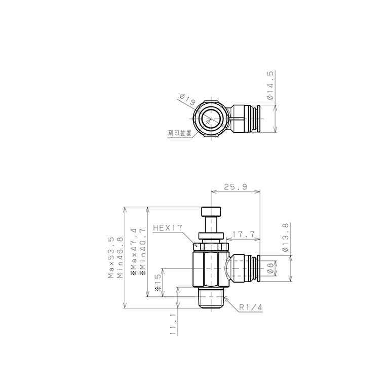 Bản vẽ kỹ thuật Van Tiết Lưu Khí Nén Bằng Đồng Mạ Niken Pisco KJSC8-02A-1-F