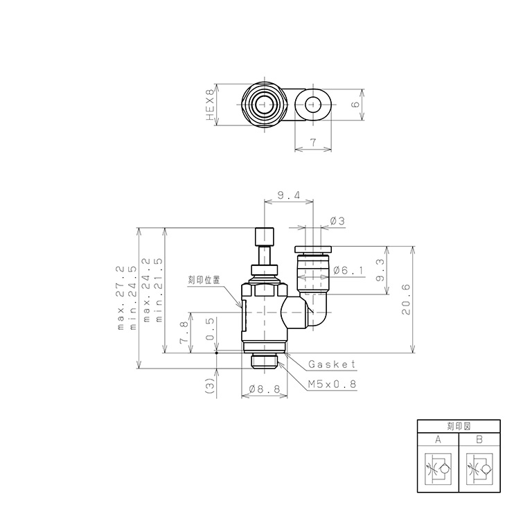 Bản vẽ kỹ thuật Van Tiết Lưu Khí Nén Lưu Lượng Thấp Pisco JSS3-M5BLW
